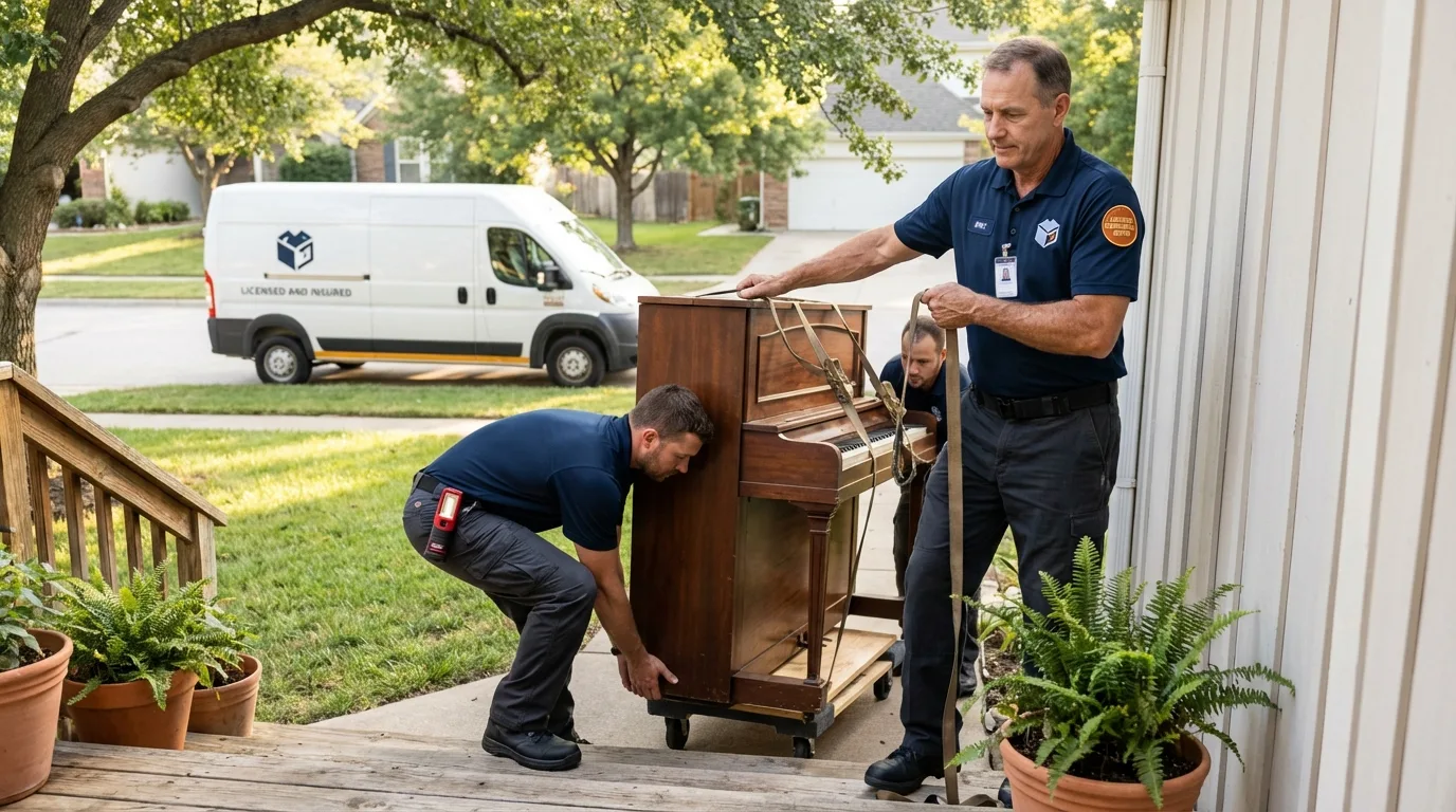 Licensed piano movers securing grand piano in Uxbridge, MA