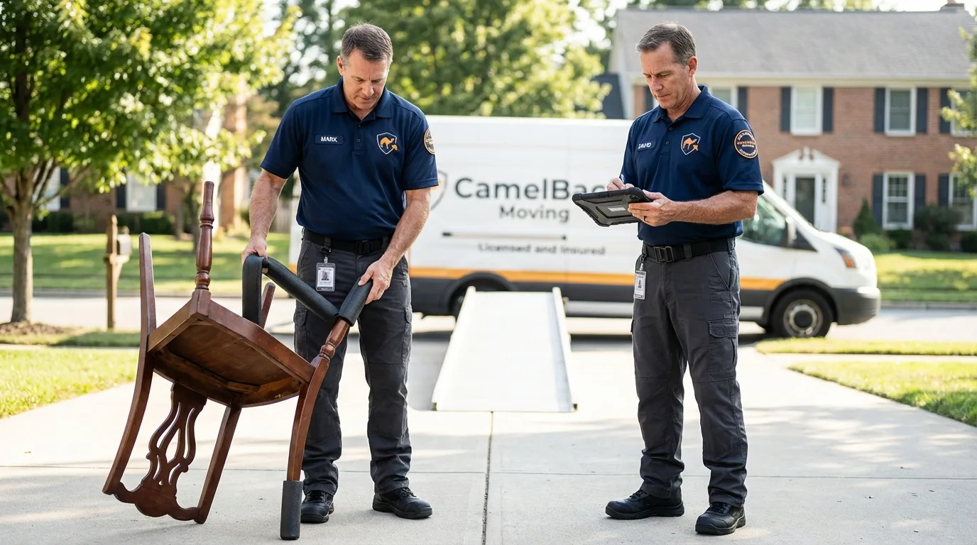 Movers inspecting furniture for damage prevention before loading in Uxbridge, MA