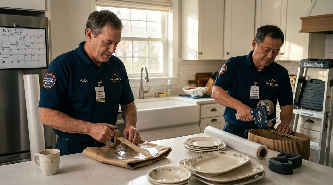 Professional crew packing kitchen dishware in Uxbridge, MA